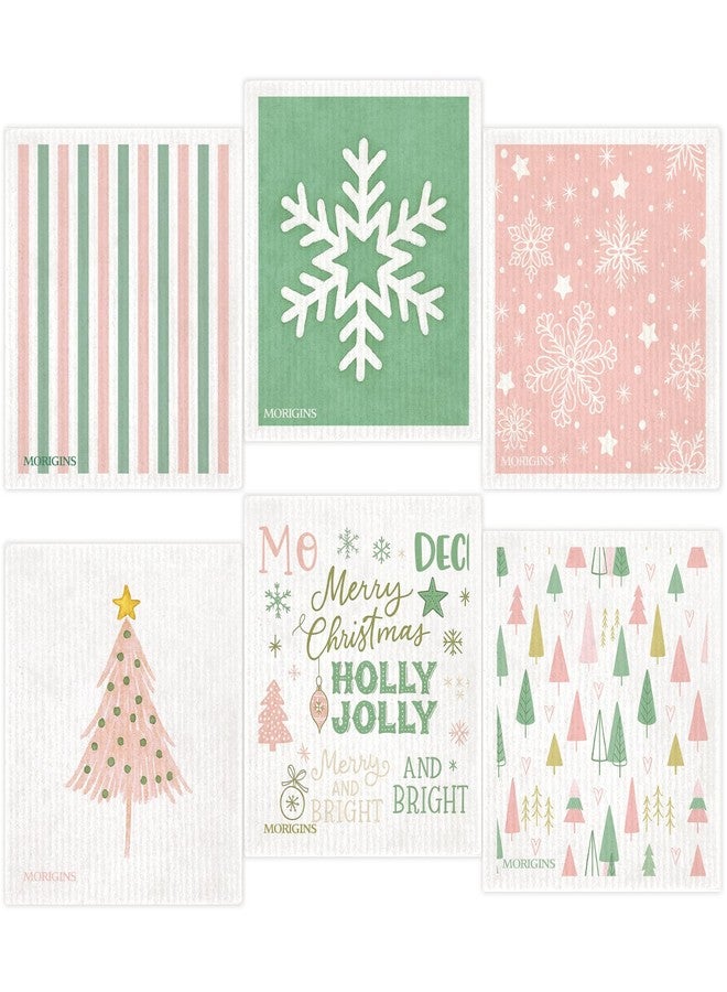 Morigins HOLLYJOLLY Pink Christmas Tree Swedish Kitchen Towel Winter Snowflake Santa Claus Absorbent Hand Towel Kitchen Quick-Dry Cleaning Cloth Cellulose Sponge Cloth - Image 1